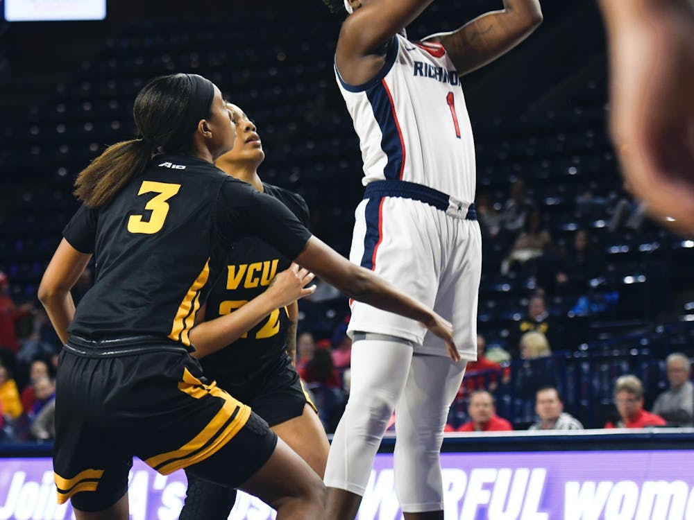 Senior forward Jaide Hinds-Clarke jumps past VCU defense during a game at Robins Stadium on Wednesday, February 5, 2020.