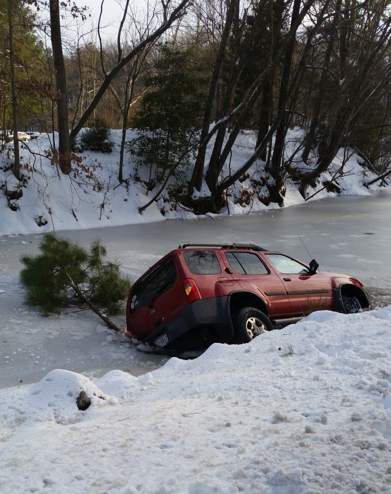 A richmond college student lost control of his vehicle and crashed into Westhampton Lake hours after a blizzard dumped about half a foot of snow onto Richmond's campus.