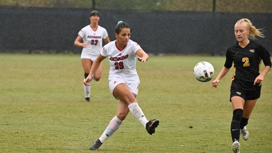 Sophomore defender Sofia Mancino shoots the ball at the Oct. 2 match against Virginia Commonwealth University. Photo by Mike Tripp / courtesy of Richmond Athletics.