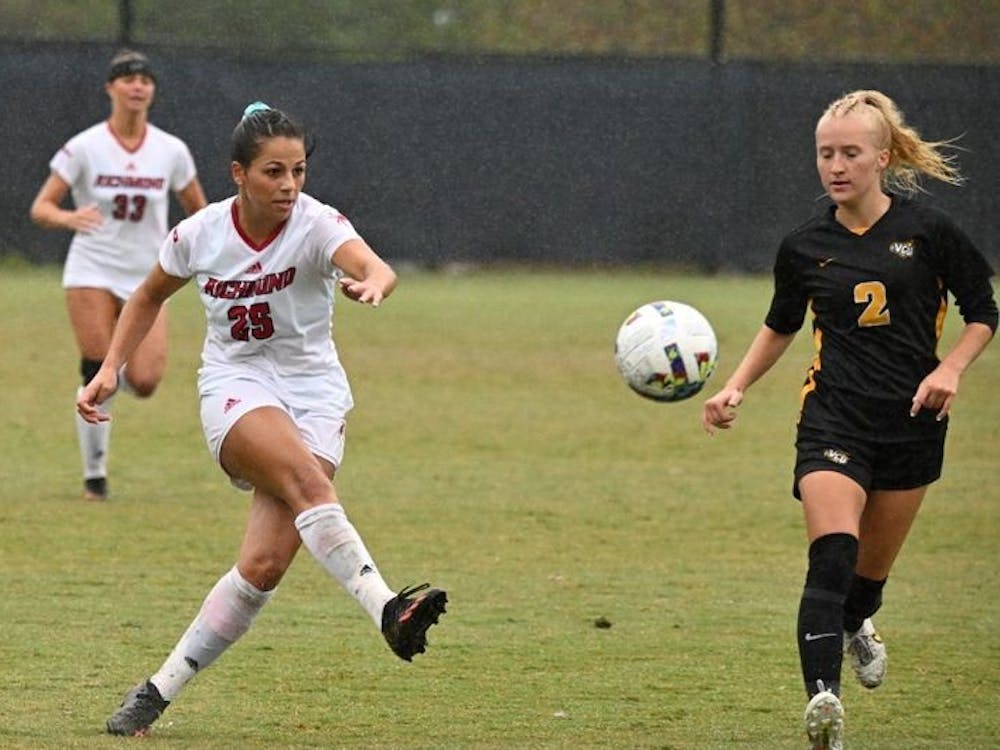 Sophomore defender Sofia Mancino shoots the ball at the Oct. 2 match against Virginia Commonwealth University. Photo by Mike Tripp / courtesy of Richmond Athletics.