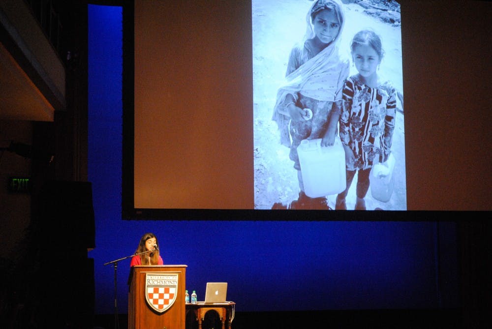 <p>Shiza Shahid, co-founder of the international non-profit Malala Fund, gives a lecture at University of Richmond. Photo by RJ Morrison.</p>