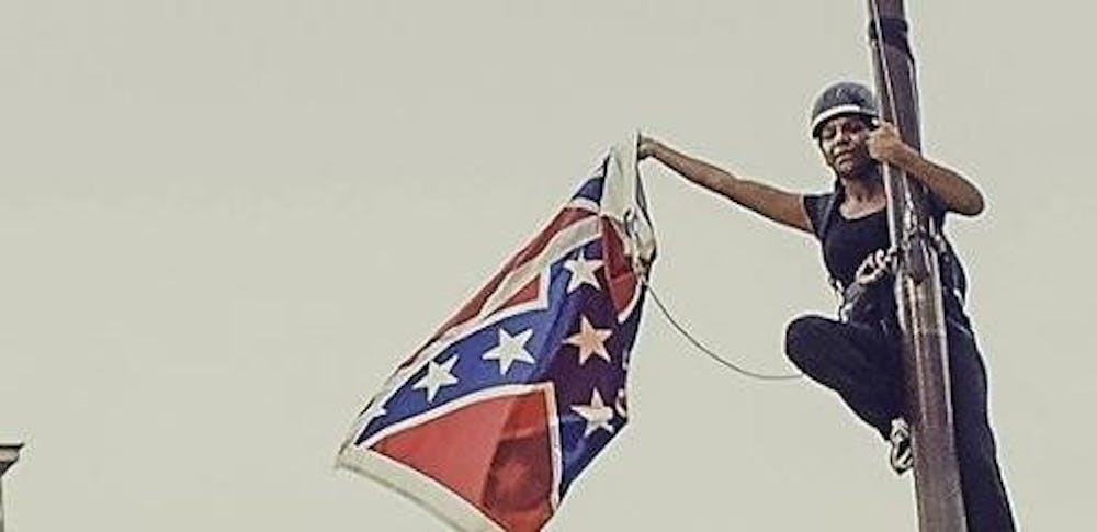 <p>Bree Newsome climbed the flagpole at the South Carolina Capitol to lower the confederate battle flag in 2015. <em>Image courtesy of the University of Richmond Chaplaincy.</em></p>