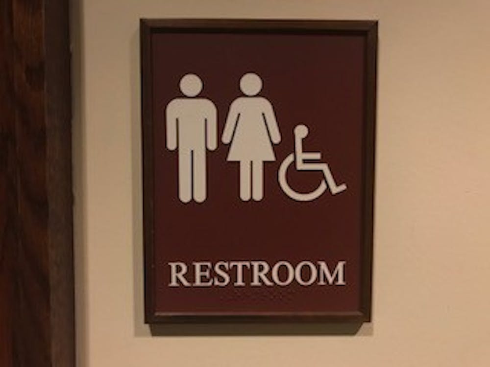 <p>One all-gender bathroom sign located on the first floor of the Modlin Center for the Arts. Other signs &nbsp;on campus&nbsp;have the words "All Gender Bathroom" written on them.</p>