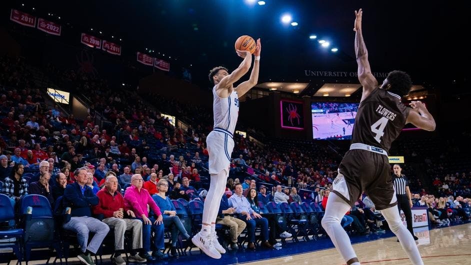 Senior forward Tyler Burton shoots for a shot at the Robins Center on Feb. 1. Photo courtesy of Richmond Athletics.&nbsp;
