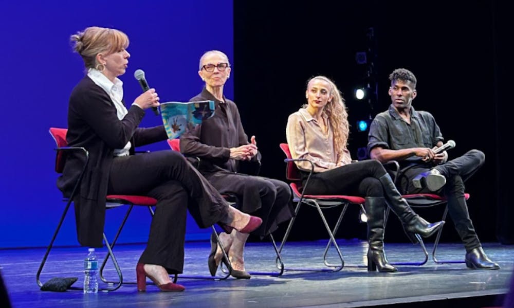 <p>A question and answer session was held after the performance, moderated by UR Director of Dance Anne Van Gelder, with panelists Janet Eliber, Marzia Memoli and Lloyd Knight. Courtesy of UR Department of Theatre and Dance.</p>
