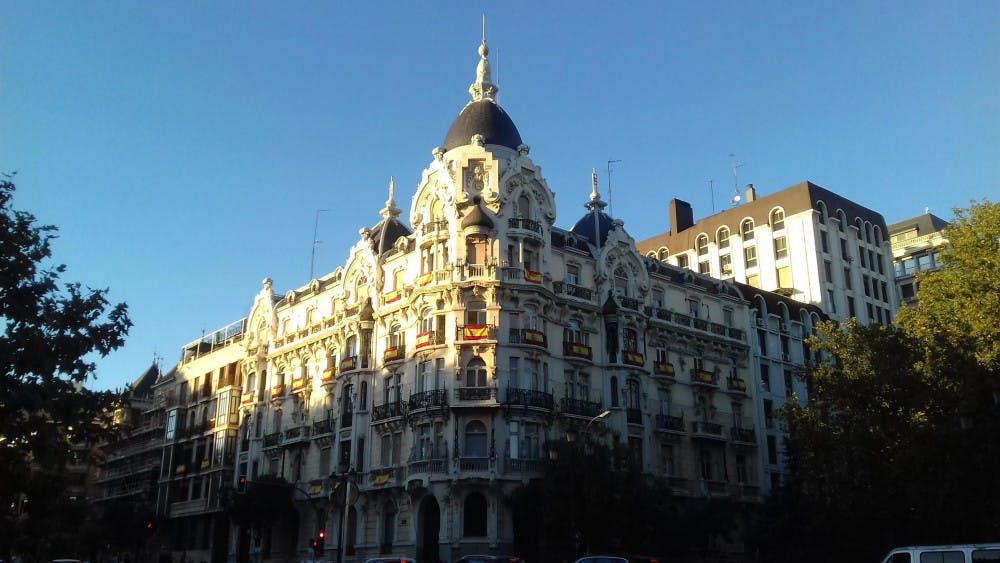 People have hung Spanish flags on balconies&nbsp;as a response to Catalan independence in Madrid, Spain.
