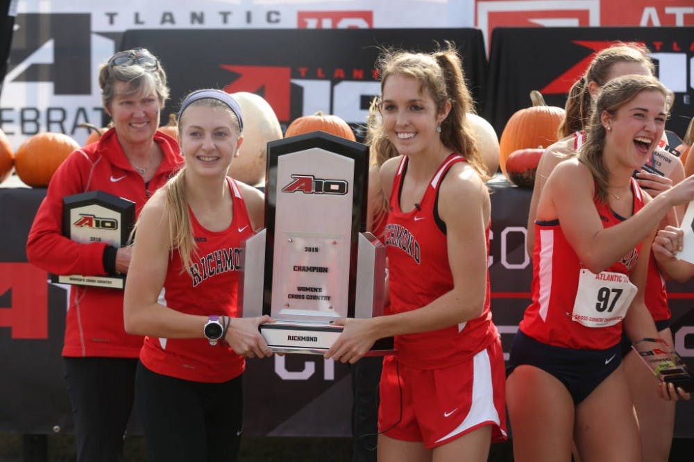 <p>Tara Hanley, pictured middle right, led the women's cross country team to a victory at the A-10 Championships.&nbsp;Photos courtesy of Richmond Athletics.&nbsp;</p>