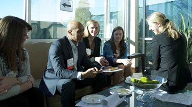 Q-Camp Ambassadors Jessica Bailey, Kiki Teshome, Julia Babel, Katherine Degnan and Brittany Kneidinger break for lunch on Satuday afternoon.