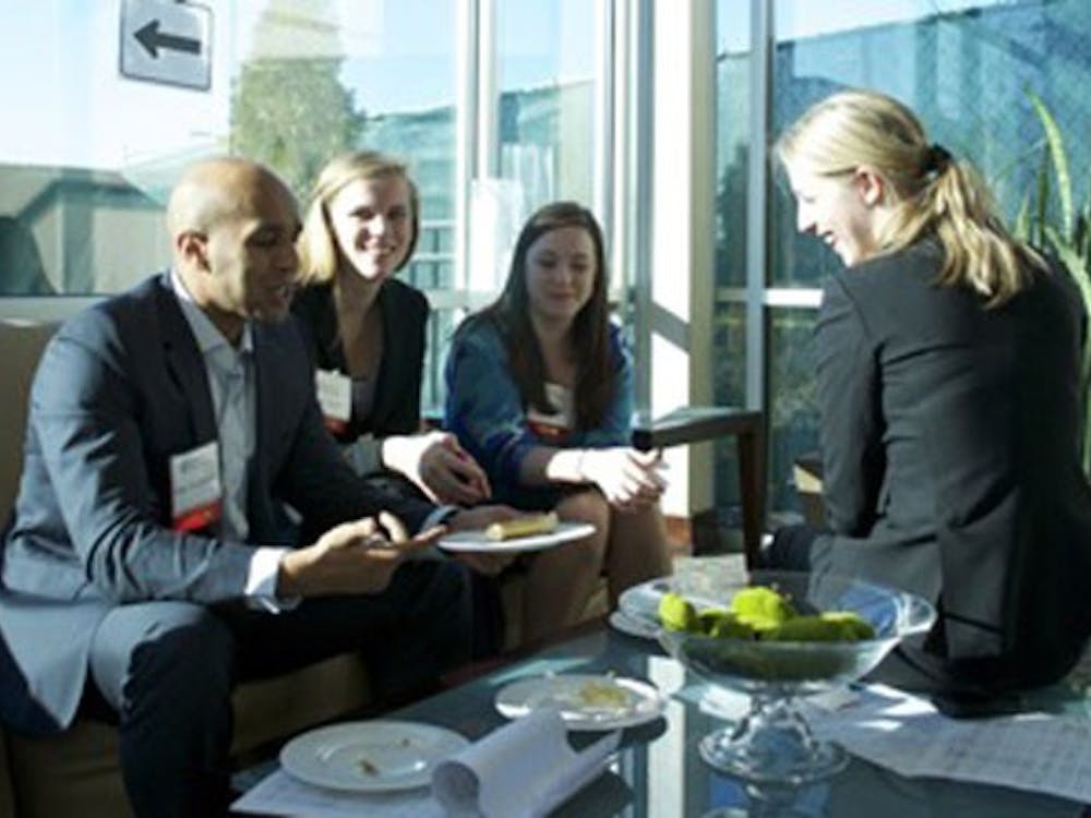 Q-Camp Ambassadors Jessica Bailey, Kiki Teshome, Julia Babel, Katherine Degnan and Brittany Kneidinger break for lunch on Satuday afternoon.