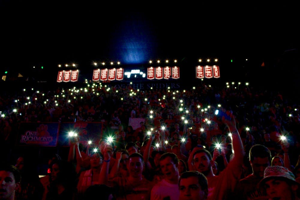 <p>Richmond&nbsp;fans light up the student section as they get ready for the Spiders to take on VCU.</p>