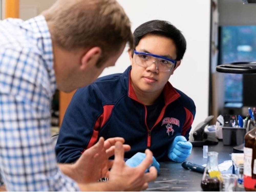 Ryan Coppage (left) and Nathan Dinh (right) in the Gottwald Center for the Sciences researching safe ceramic coatings.&nbsp;