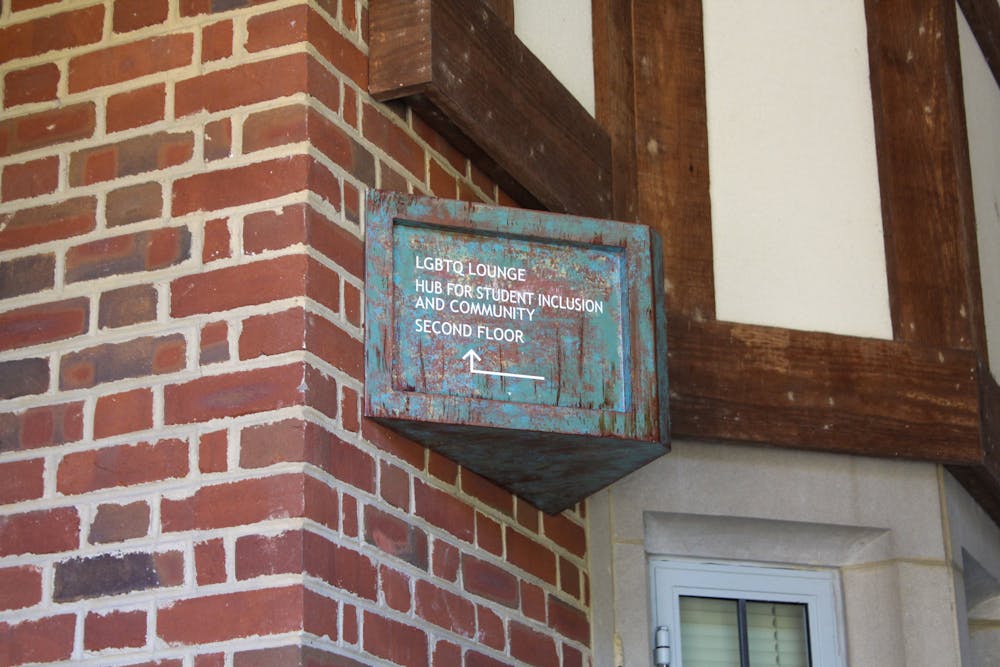 A sign that points to the recently renamed Hub for Student Inclusion and Community outside of Whitehurst.