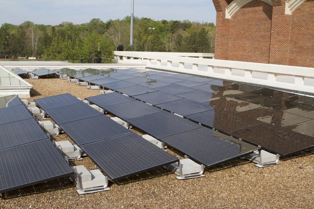 <p>Solar panels on the roof of the Weinstein Center for Recreation and Wellness. Under a new agreement between the University of Richmond and sPower, an off-campus solar farm is expected to neutralize 19,720 metric tons of carbon each year, beginning in 2020.&nbsp;</p>