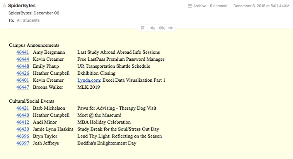 A screenshot of the Dec. 6 edition of the re-introduced SpiderBytes daily email.  