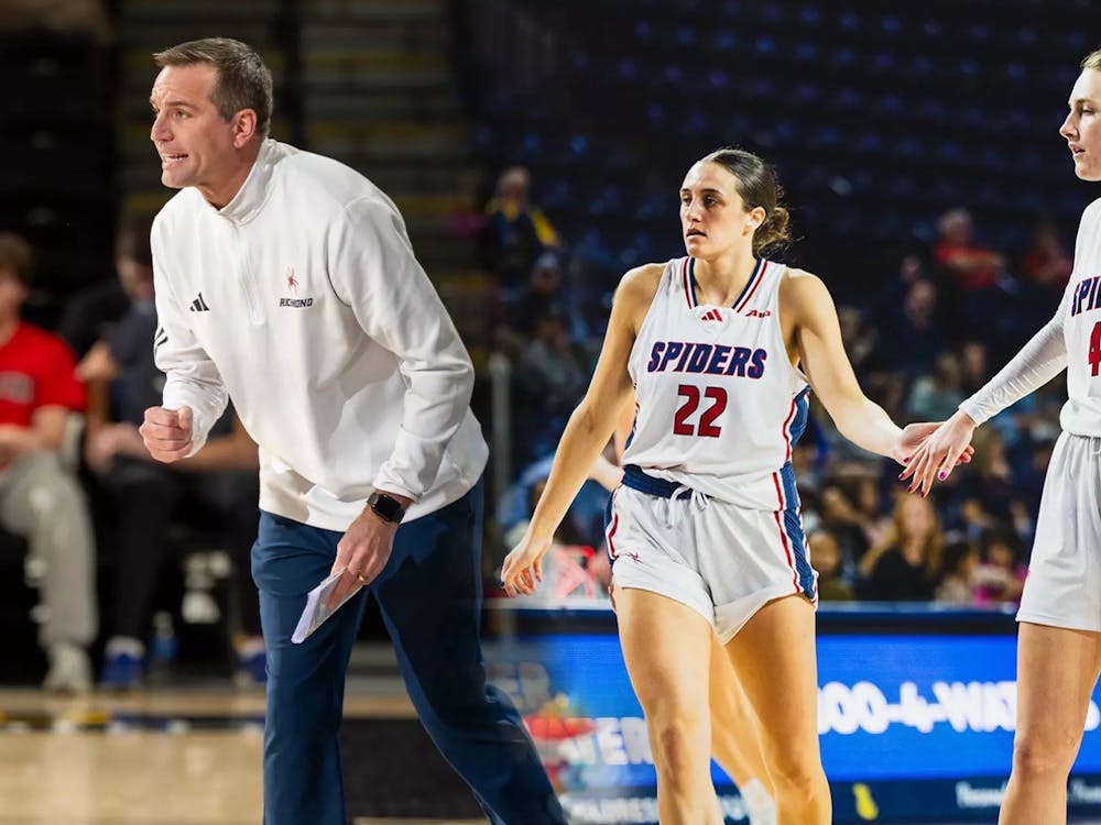 Head Coach Aaron Roussell, Junior guard Rachel Ullstrom, junior forward Maggie Doogan, and graduate forward Addie Budnik. Courtesy of Richmond Athletics