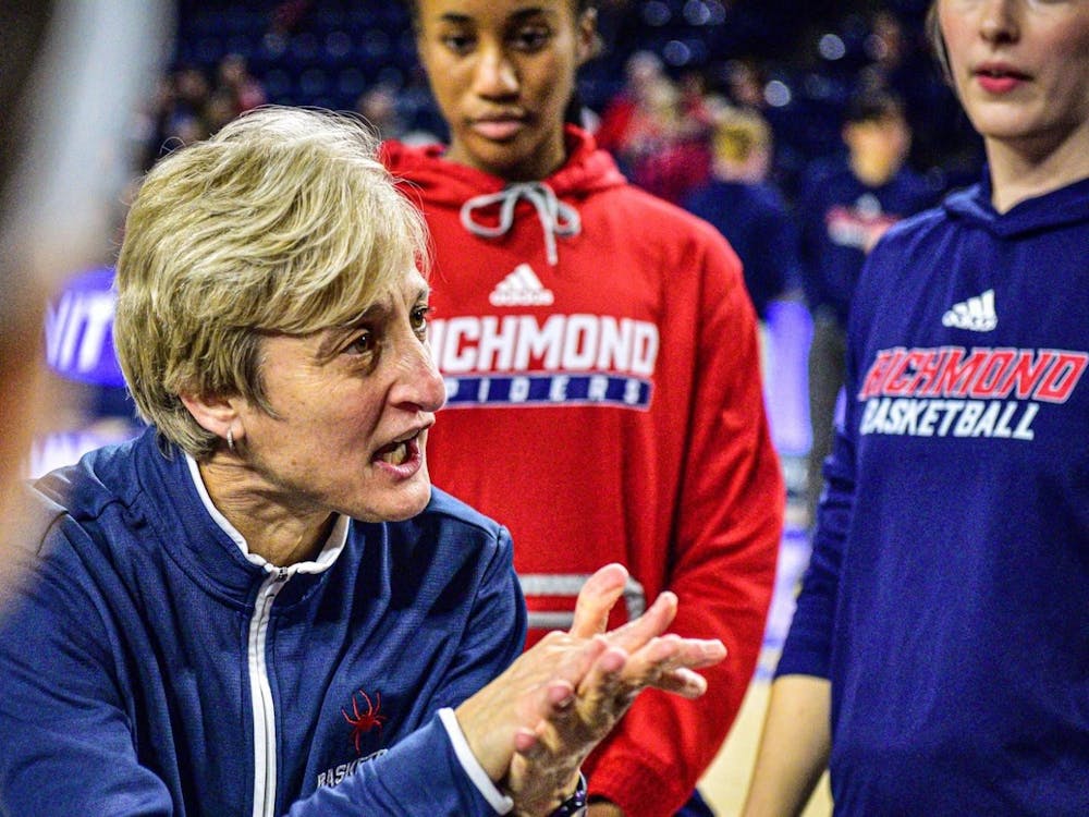 Assistance coach Jeanine Radice strategizes with the spiders at the Robins Center on March 16. Photo courtesy of Richmond Athletics.&nbsp;