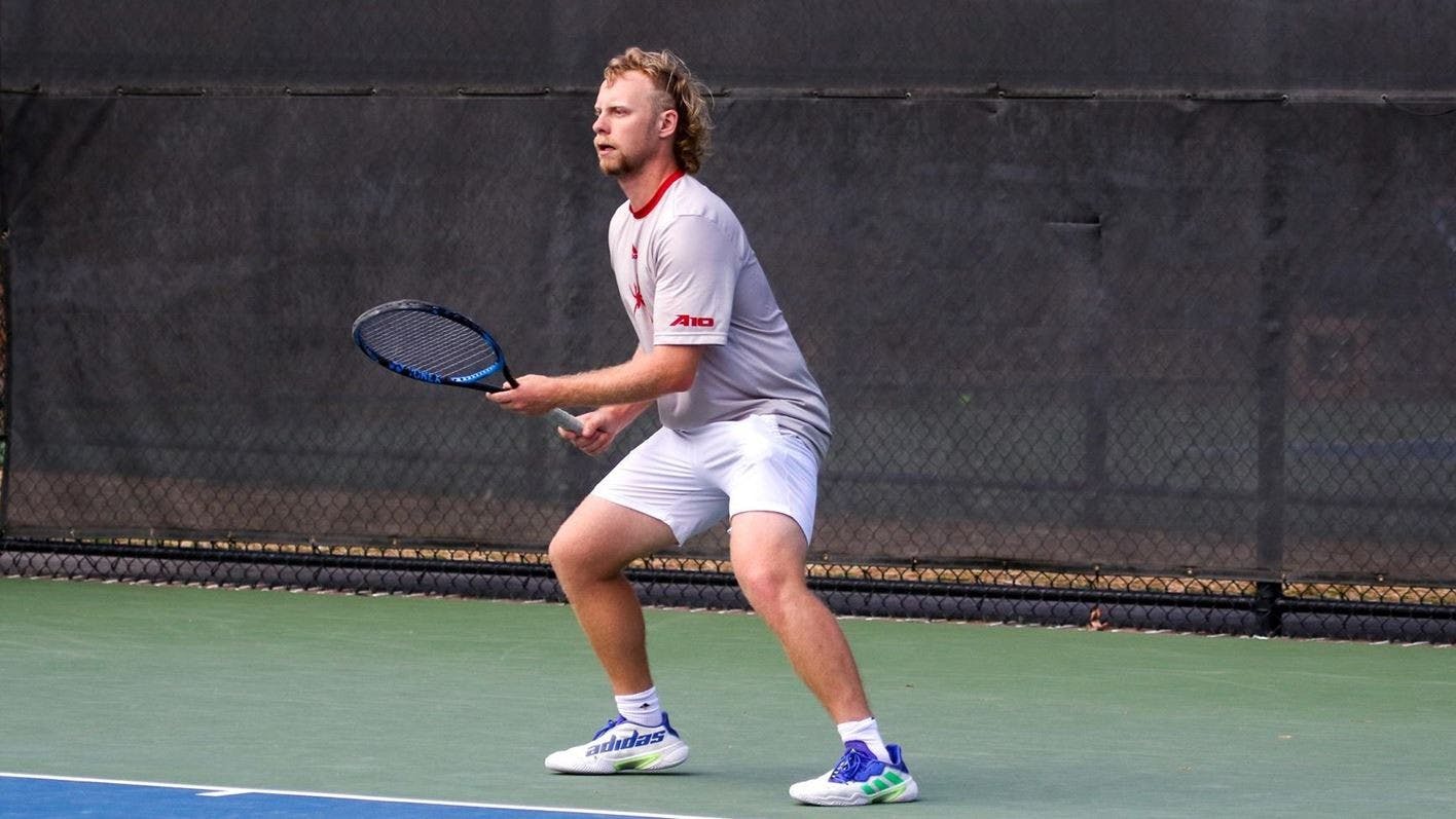 Senior Campbell Erwin remains alert at a match against Virginia Wesleyan University on March 16 at the Westhampton Courts. Photo courtesy of Richmond Athletics.