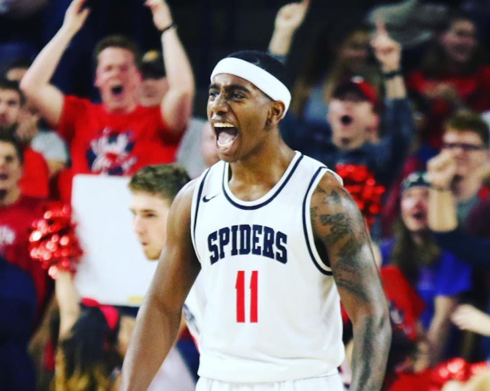 <p>Freshman De'Monte Buckingham's second-half block was the play of the game in a convincing conference win over St. Bonaventure. Photo courtesy of Richmond men's basketball's Instagram page (@richmondmbb).</p>