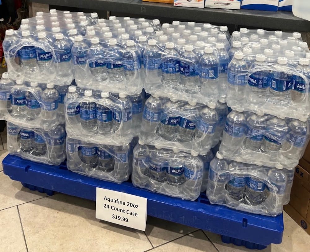 <p>A case of 24 bottles of water sold at ETC for $19.99 ahead of the winter storm. Courtesy of Dining Services.&nbsp;</p>