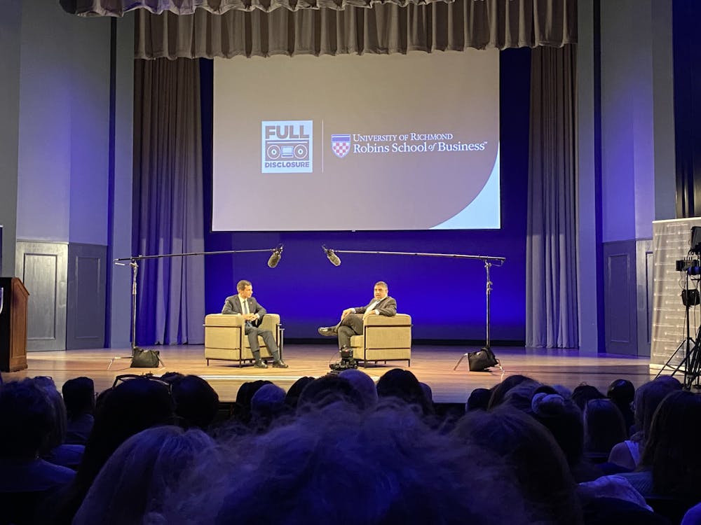<p>Pete Buttigieg and UR Journalist in Residence Roben Farzad during taping of Full Disclosure at Camp Concert Hall Dec. 1.</p>