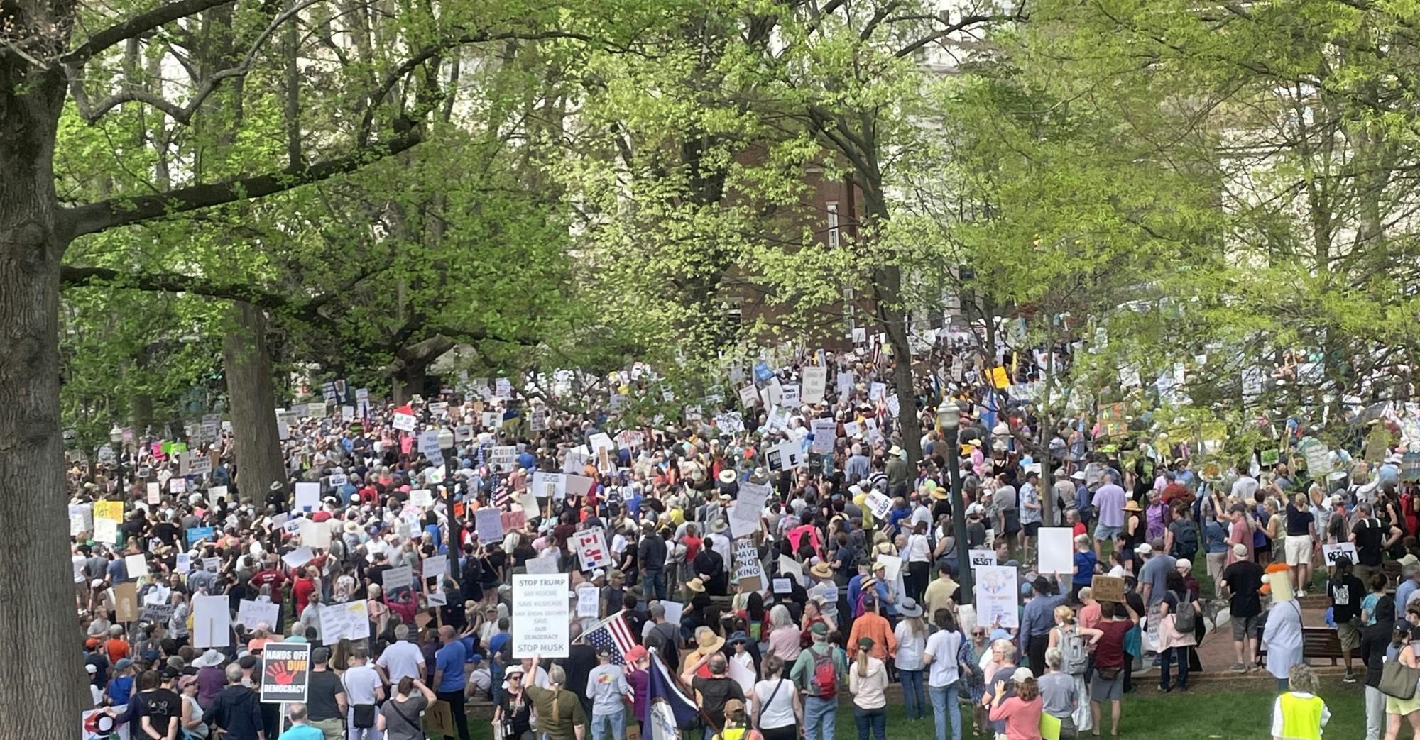 Thousands of people gathered at the Virginia State Capitol on Saturday, April 5 in protest of President Donald Trump and Elon Musk.