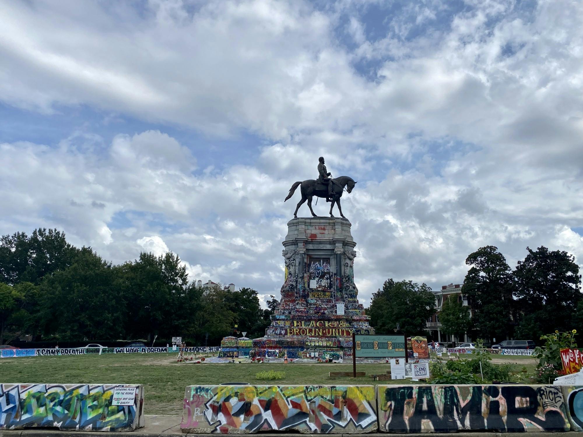 A statue of Confederate Gen. Robert E. Lee is located on Monument Avenue, as of Sept. 8, covered with graffiti.&nbsp;