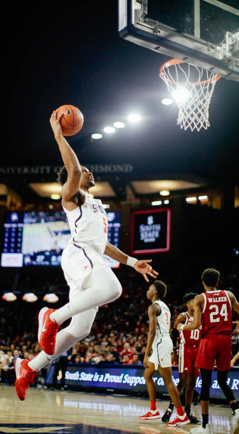 Redshirt Junior Nick Sherod dunks at a home game.