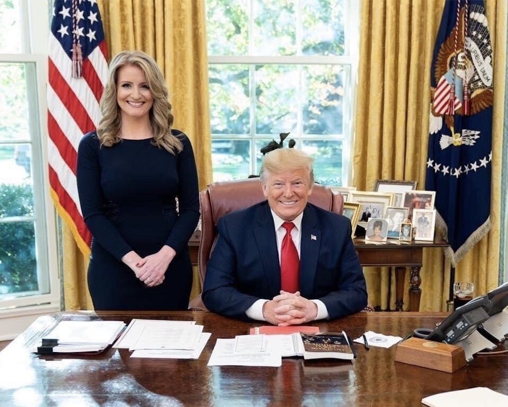 <p>Jennis Ellis and former president Donald Trump in the White House Oval Office. <em>Courtesy of Jenna Ellis's Twitter.</em></p>