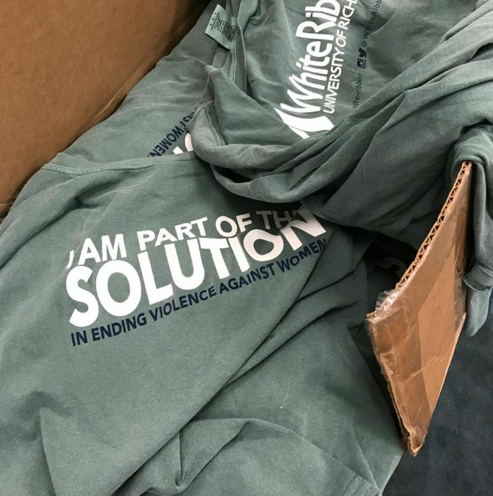 <p>Part of the campaign's strategy is to distribute the t-shirts pictured above in order to promote dialogue, Richmond College Dean Joe Boehman said. <em>Photo courtesy of the White Ribbon Campaign at UR's </em><a href="https://www.instagram.com/whiteribbonurva/" target="_blank"><em>Instagram page</em></a><em>.</em></p>