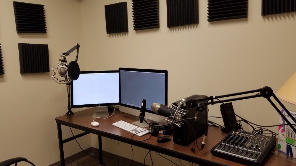 Recording equipment in the Technology Learning Center on the third floor of Boatwright Memorial library, where Lucretia McCulley records interviews for Podcasts@Boatwright.&nbsp;