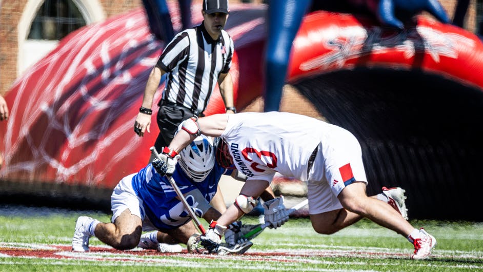 Junior faceoff Jared Chenoy during the March 16 game against Duke University. Courtesy of Richmond Athletics.