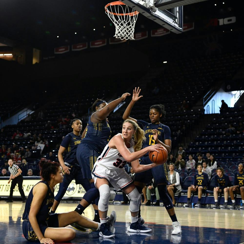 <p>Junior Amy Duggan during Sunday's win over La Salle, 56-51.&nbsp;</p>