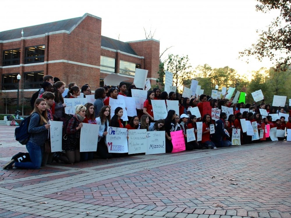 Students during the demonstration on the Forum Monday afternoon.