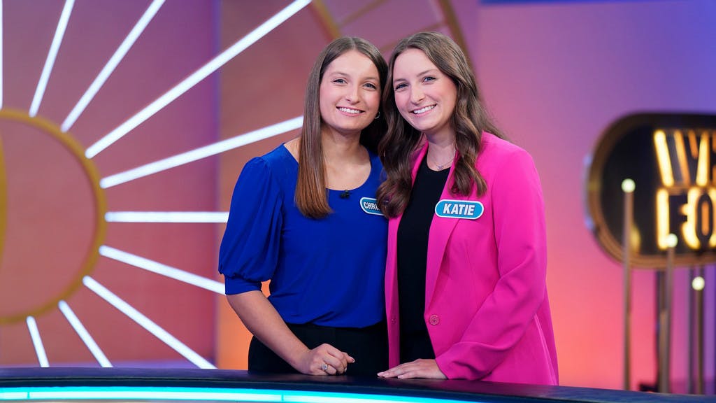 University of Richmond senior Christina Currie and her twin sister, Katie Currie, on "Wheel of Fortune". Photo courtesy of Christine Currie.