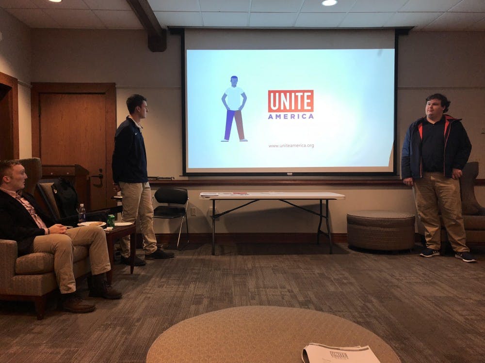 <p>From left to right: College Independents treasurer Max Coleman, campus director and Unite America liaison Connor Frascati and club president Jackson Puckey.</p>