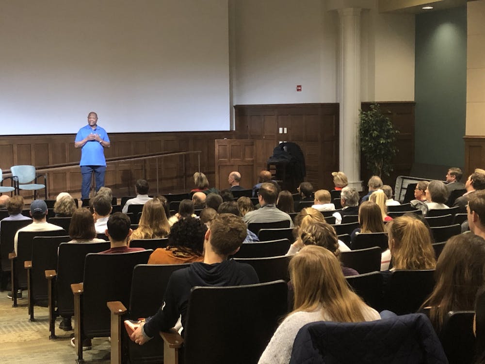 George Mumford speaks to a crowd in Ukrop Auditorium on Monday, Jan. 27, 2020. Mumford spoke on the powers of mindfulness and self-compassion.
