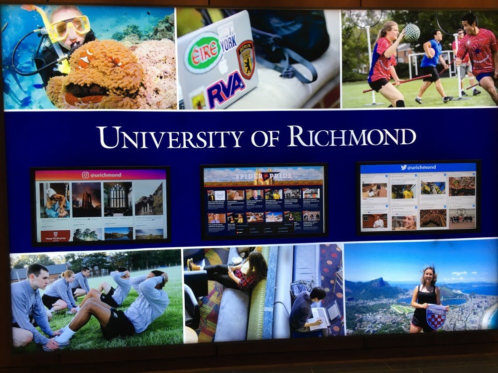 &nbsp;Signage in the Queally Center displaying photos of Richmond students during their time abroad.
