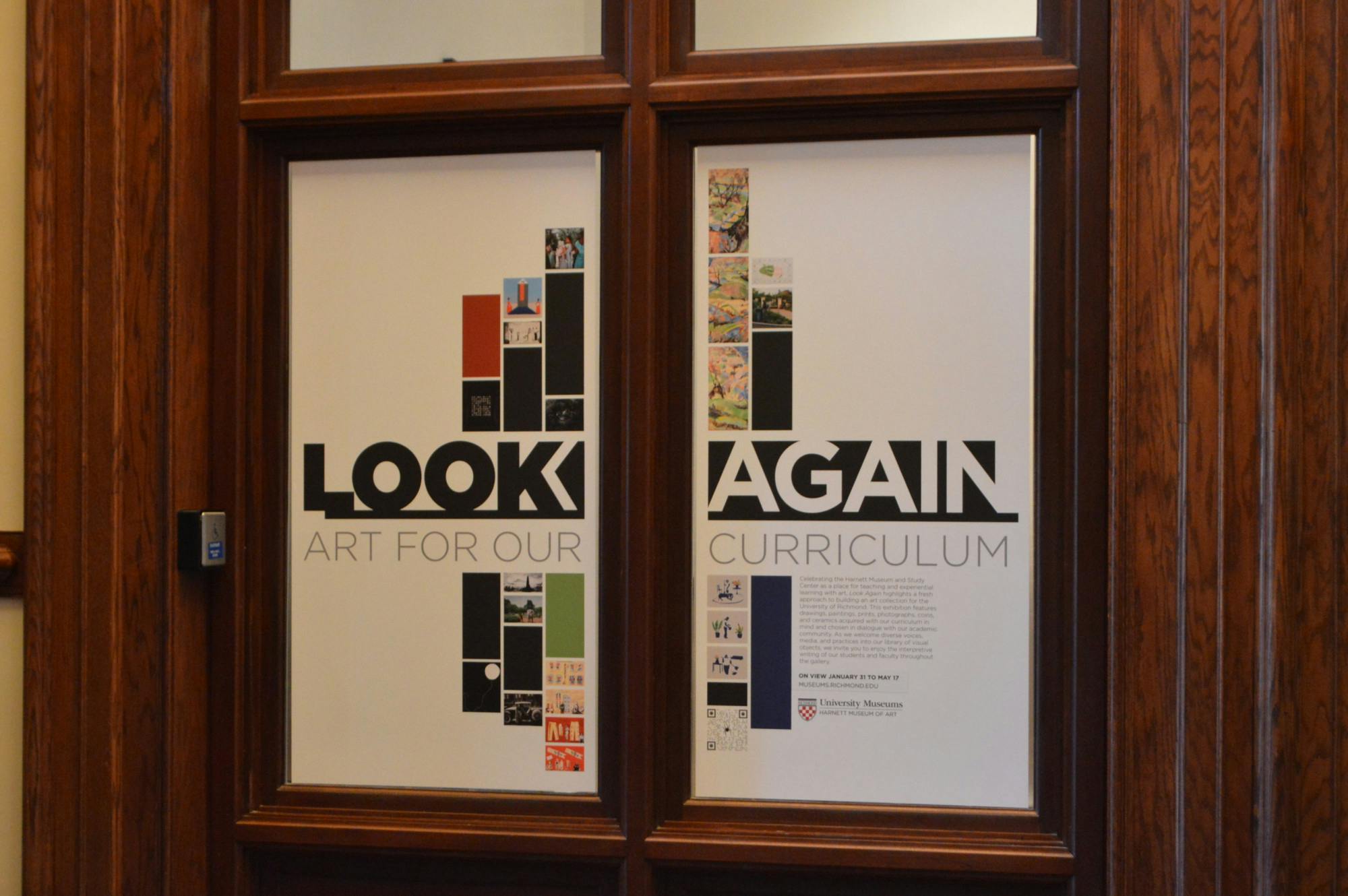 The "Look Again" exhibit entrance inside the Modlin Center for the Arts. 