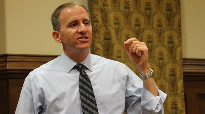 Andrew rich, a '92 UR graduate, is now the president and ceo of tHE ROOSEVELT INSTITUTE. HE spoke to students on Monday in the Brown-Alley rOOM.