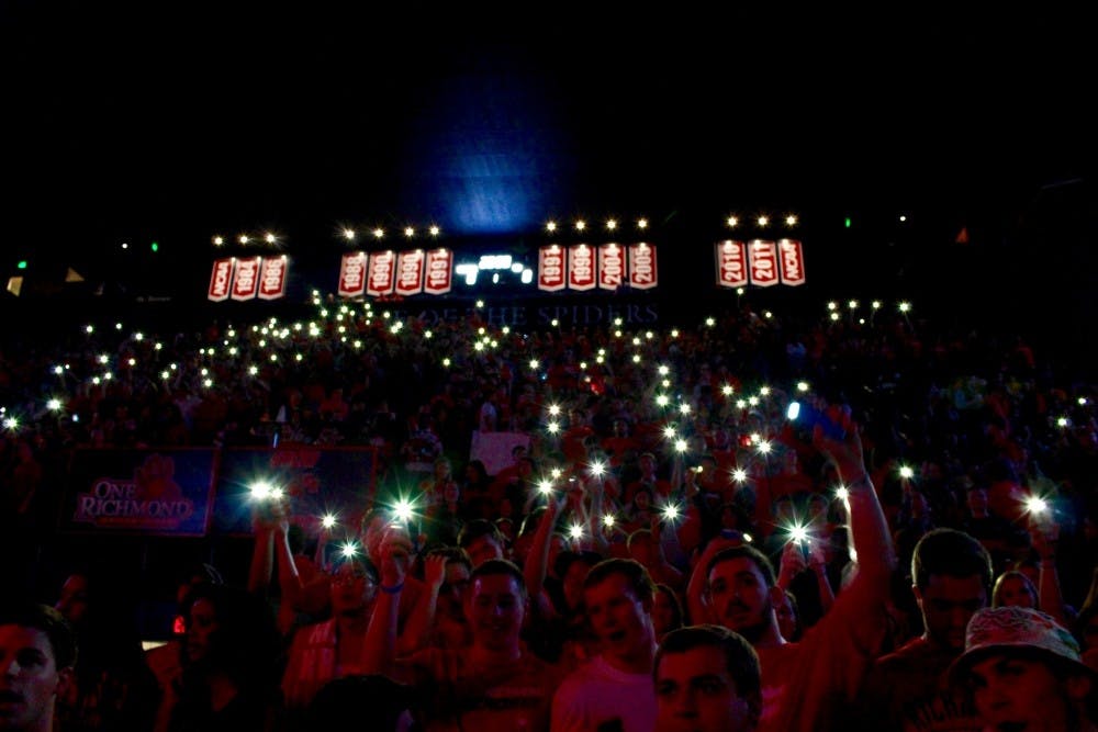 <p>Richmond&nbsp;fans light up the student section as they get ready for the Spiders to take on VCU on February 18, 2017.&nbsp;</p>