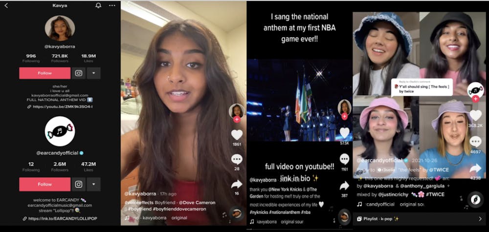 <p>Screengrabs from sophomore Kavya Borra's Tiktok account and her a capella group EARCANDY.</p>