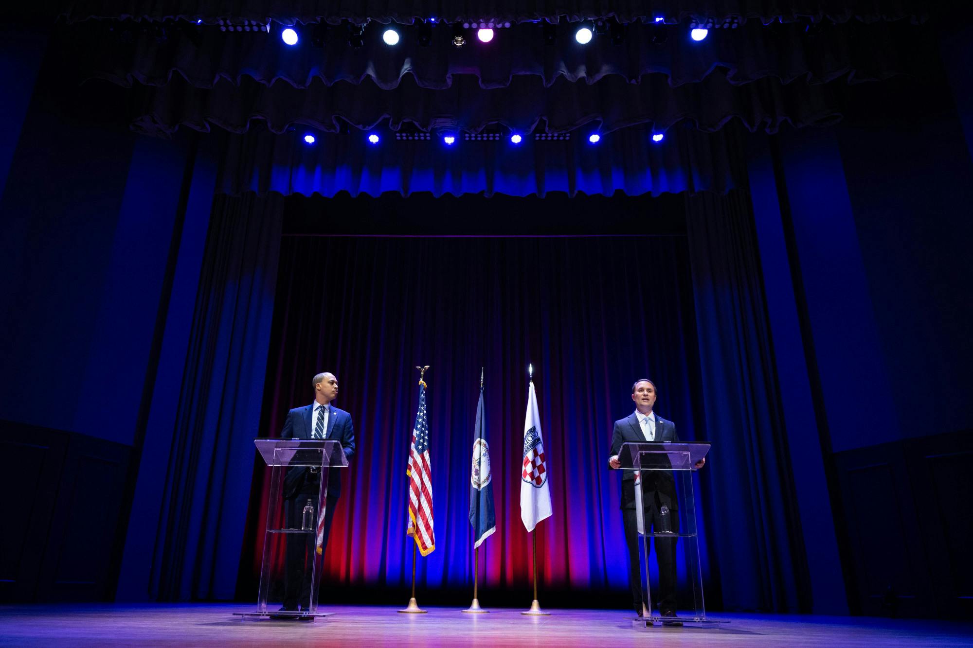 Democrat Jay Jones, left, and Republican incumbent Jason Miyares participate in the Virginia attorney general debate at the University of Richmond, Thursday, Oct. 16, 2025. Courtesy of Mike Kropf, Richmond Times-Dispatch