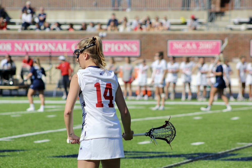 <p>Senior midfielder Marina Miller stands on the side of the field at the Feb. 12 game against Old Dominion University in the Robins Stadium.</p>