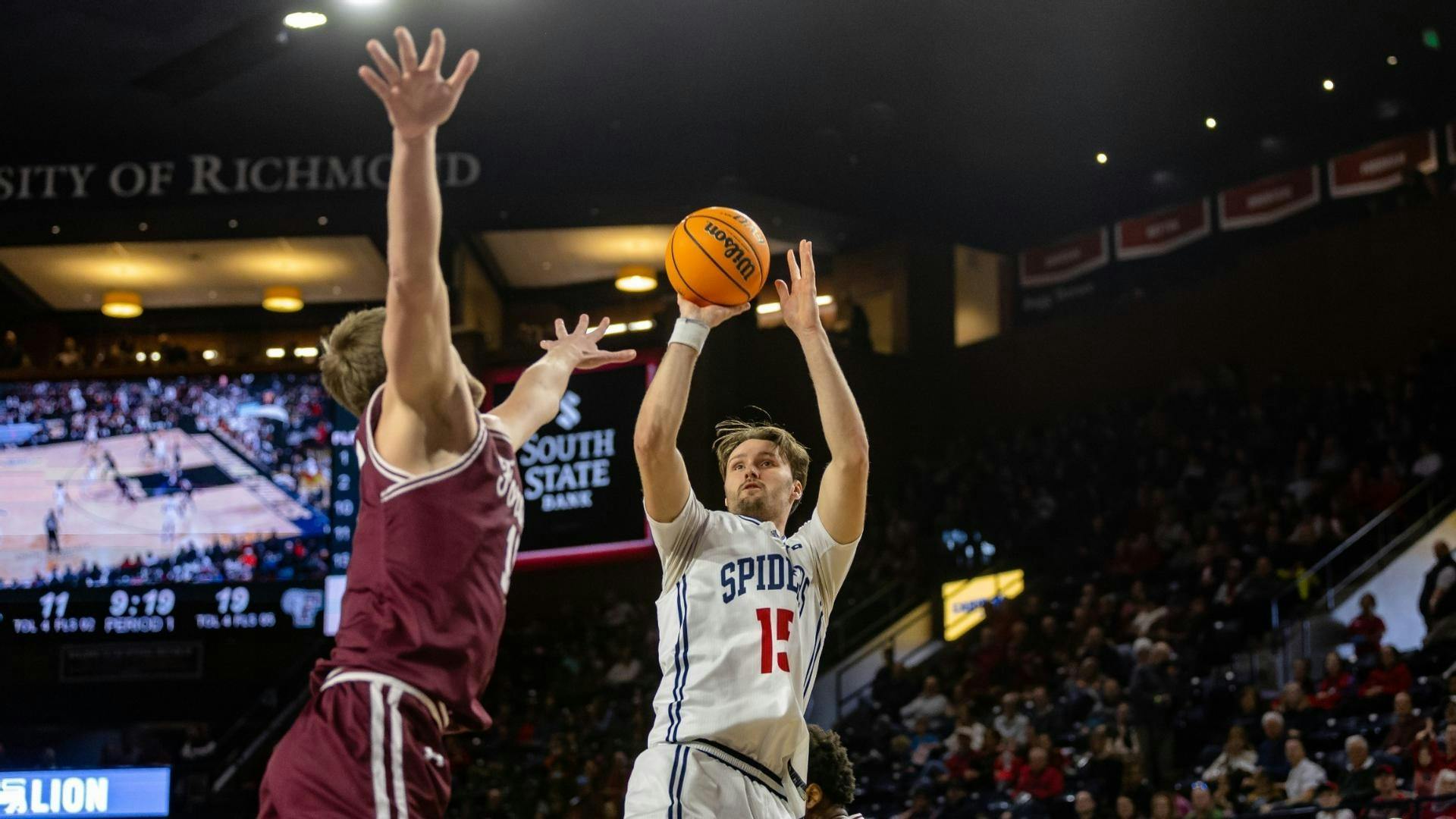 Graduate forward Matt Grace during basketball game against Fordham University on Feb. 5th. Photo courtesy of Richmond Athletics.&nbsp;