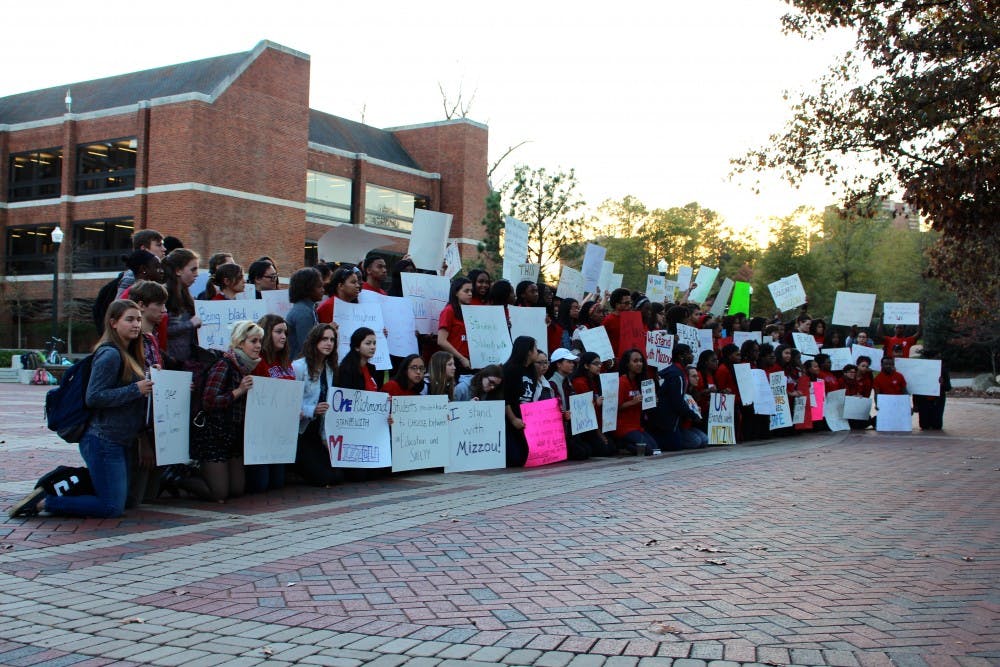 On Monday, Richmond students held a demonstration in The Forum in solidarity with Missouri students. In light of Missouri protests, Richmond students discussed campus culture with President Crutcher and other university leaders on Friday. Photos by Rayna Mohrmann.