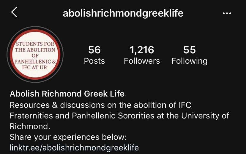 Screenshot of the account, @abolishrichmondgreeklife, on Instagram.