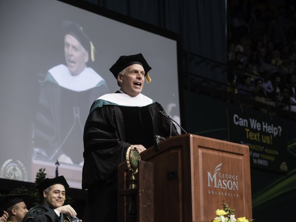 Governor Terry McAuliffe gives the keynote address to students and guests at the 2016 Commencement.  Photo by:  Ron Aira/Creative Services/George Mason University