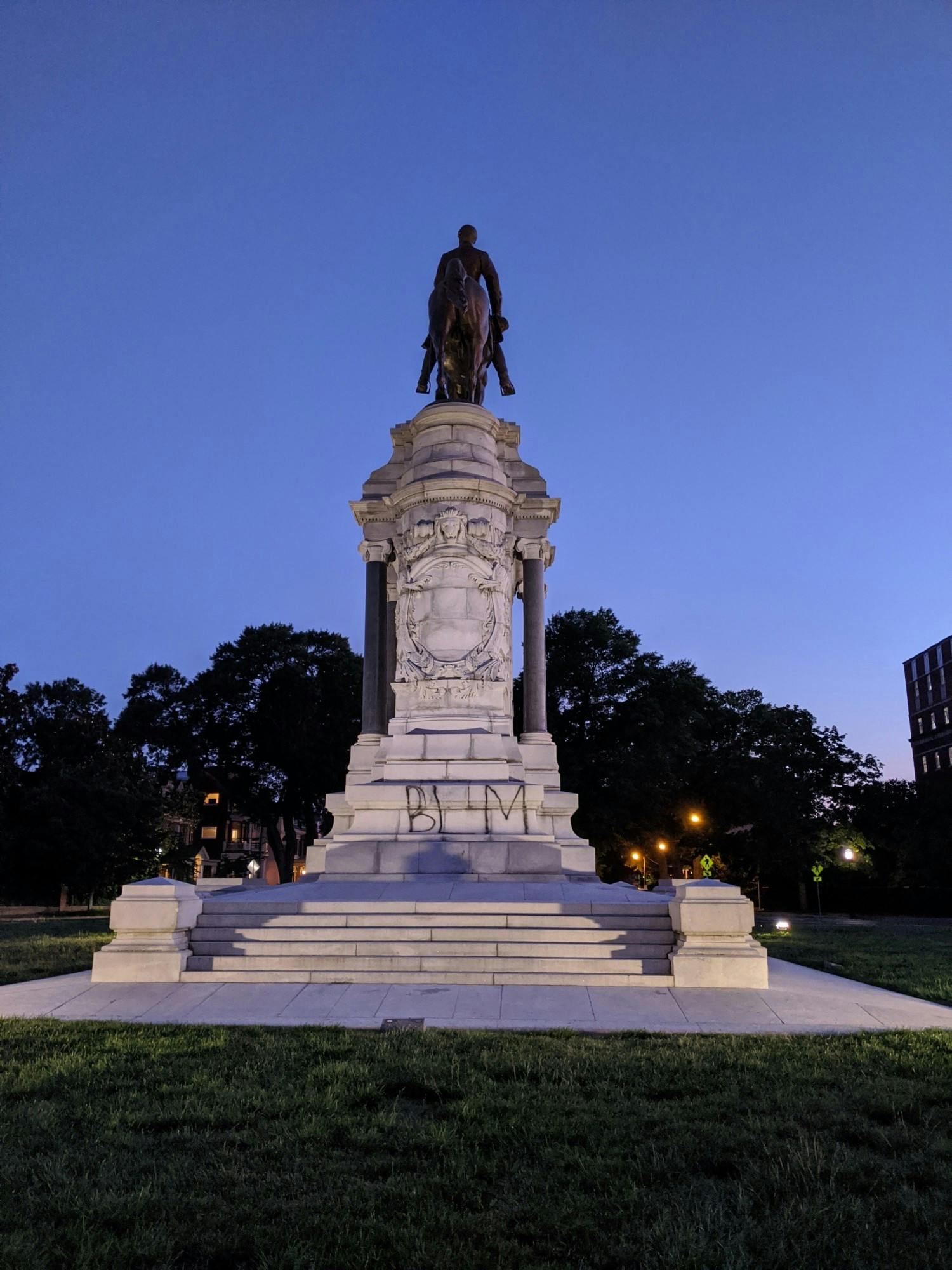 "BLM," the acronym for Black Lives Matter, written on the J.E.B. Stuart statue on Monument Avenue on May 30.&nbsp;