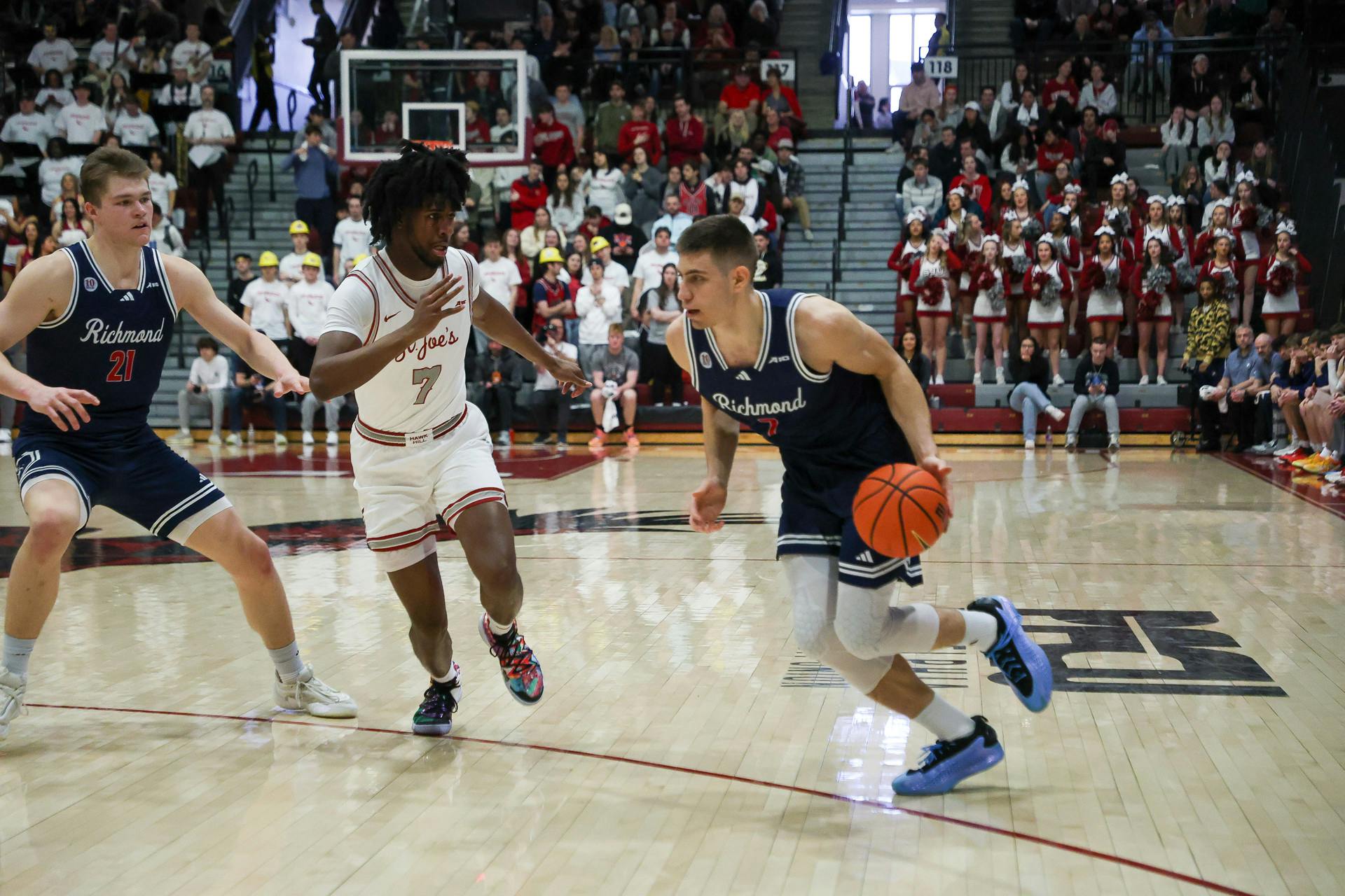 Graduate forward Dusan Neskovic dribbling to the basket in UR's loss to Saint Joseph's University. Courtesy of Richmond Athletics