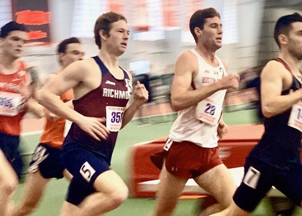 <p>Junior Trey Burleson running in the 2020 IC4A Indoor Championships in Boston. <em>Courtesy of Richmond XCTF</em></p>